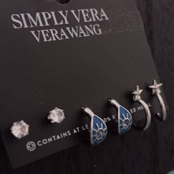 VERA WANG 3pc Celestial Silver Crystal Studs Blue Starburst + Star Hoop Earrings - Picture 2 of 5